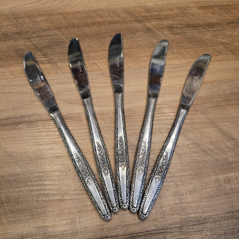 Flatware 5pc Dinner Knives Adult Silver Vintage Rose Stainless Japan